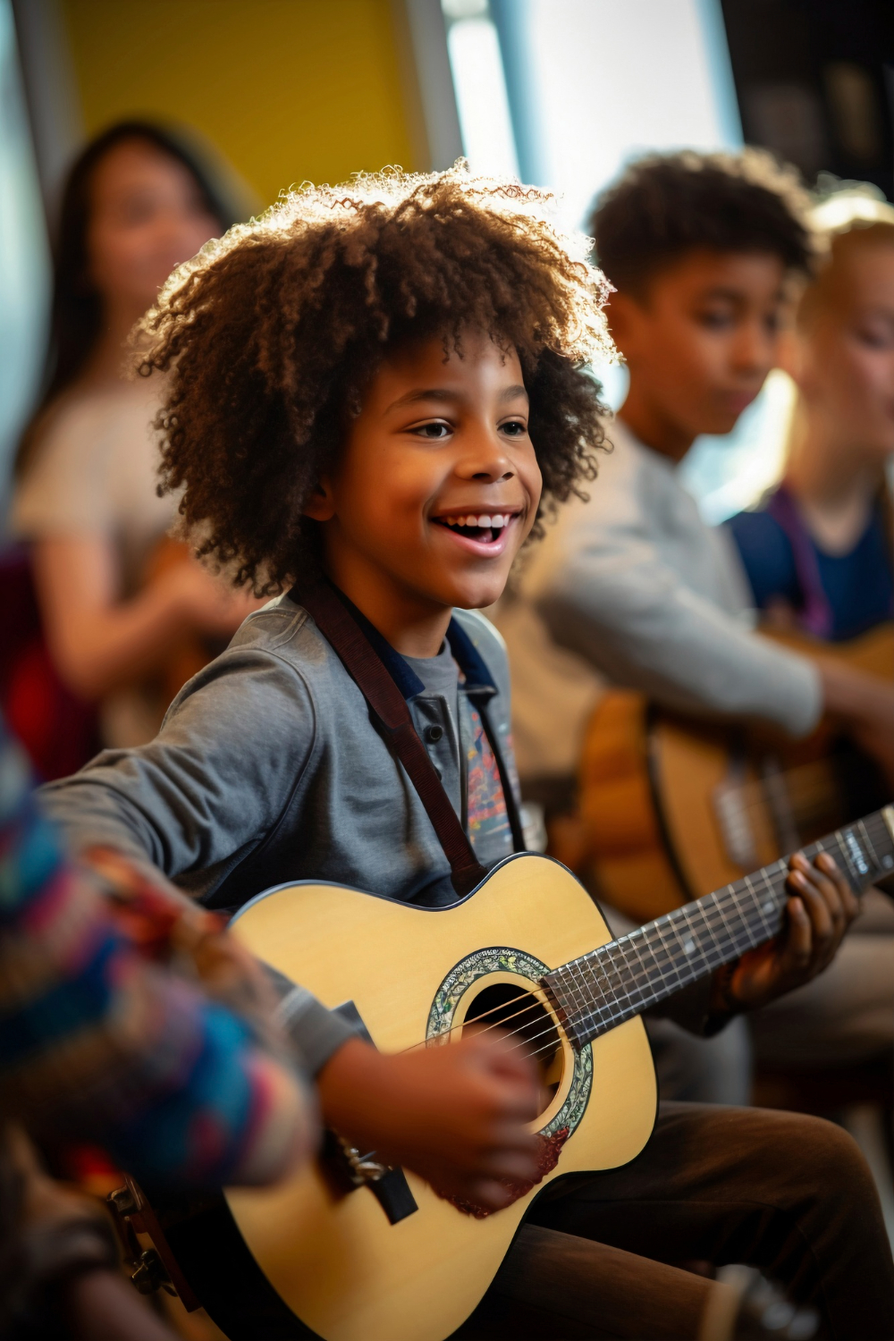 A student practising guitar with headphones